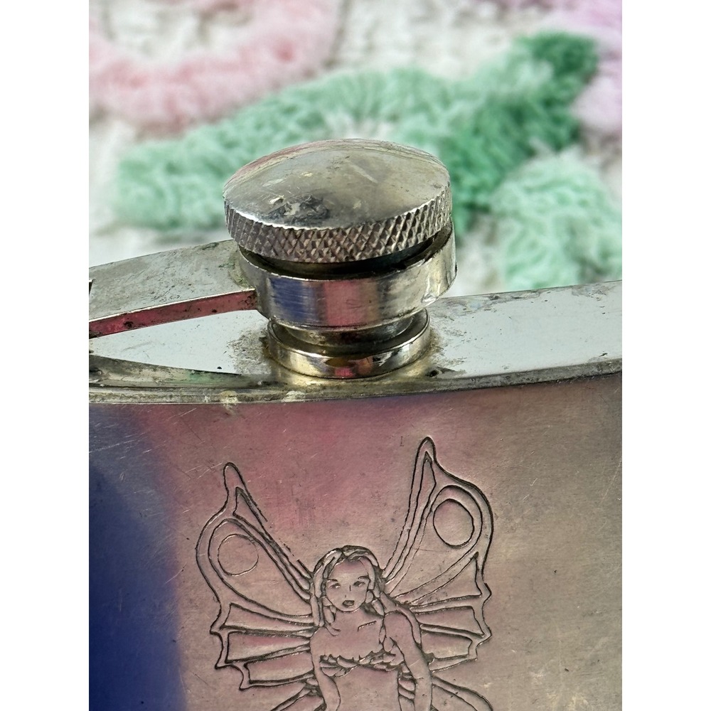 Vintage Fairy Etched Stainless Steel Hip Flask 5oz Silver Y2K Whimsigoth Pocket - Picture 7 of 11